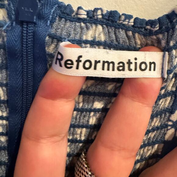 Reformation Presley Mini Dress Blue Floral Tie Strap Smocked Back Zip Sz 12 - Picture 6 of 7